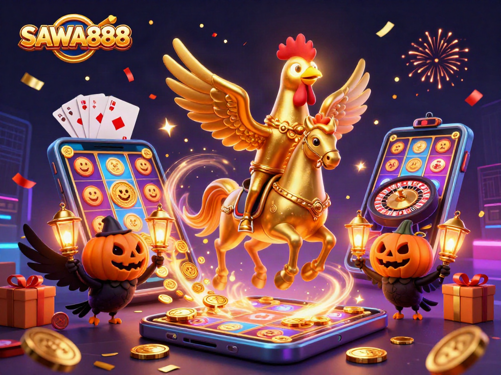 SAWA888 showcases a golden rooster riding a spectral horse amid casino excitement.
