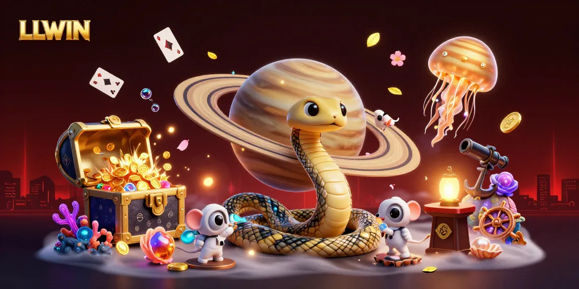 Experience the thrill of LLWIN with a vibrant cosmic casino scene featuring dynamic astronauts and exciting games.