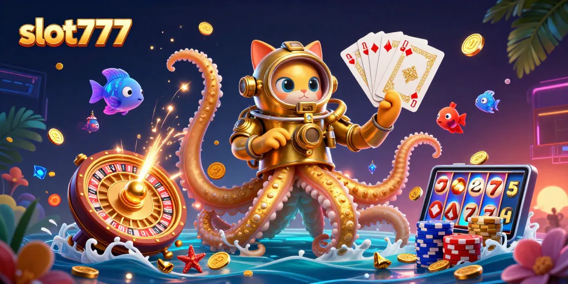 Experience top-tier excitement with slot777, featuring a kraken and a diving cat, capturing casino thrills.