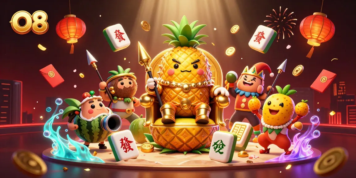 Win big with O8 at this vibrant casino scene featuring a golden pineapple king amidst lively game elements.