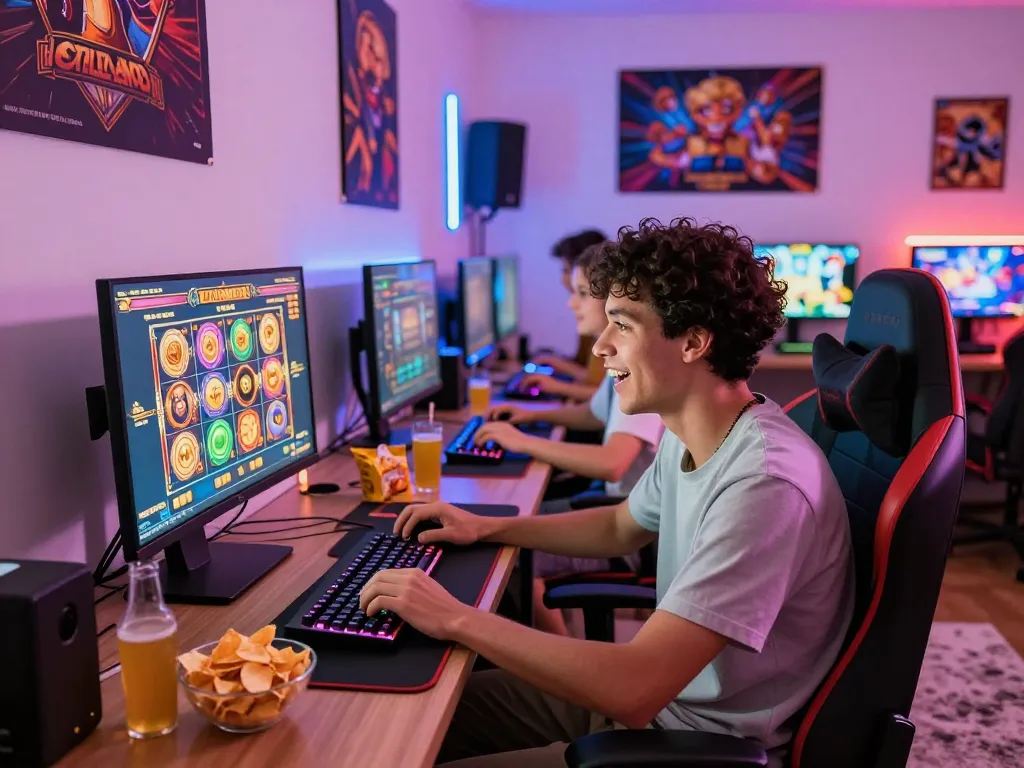 situs slot gacor online gaming scene with excited player and colorful slot graphics