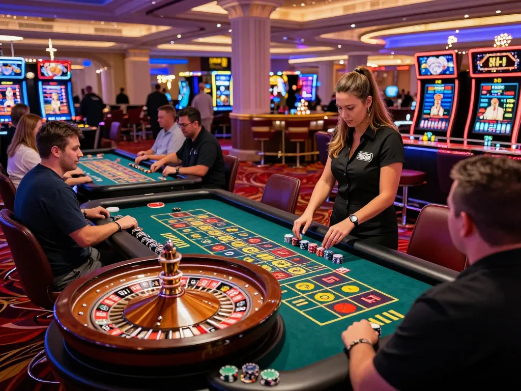 Players enjoying the z16 roulette table thrill with vibrant chips and excitement in a luxurious casino.