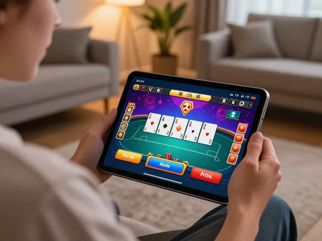 Engaging in exciting af88 online poker gameplay on a tablet in a cozy living room