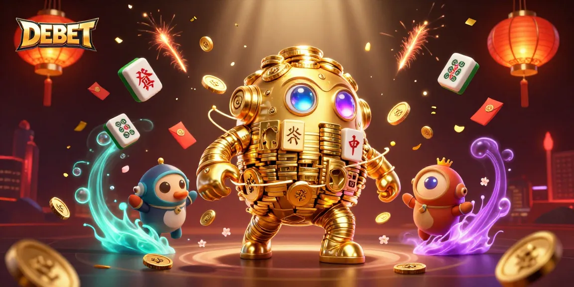 Engage with DEBET in this vibrant casino scene filled with golden elements and gaming symbols.