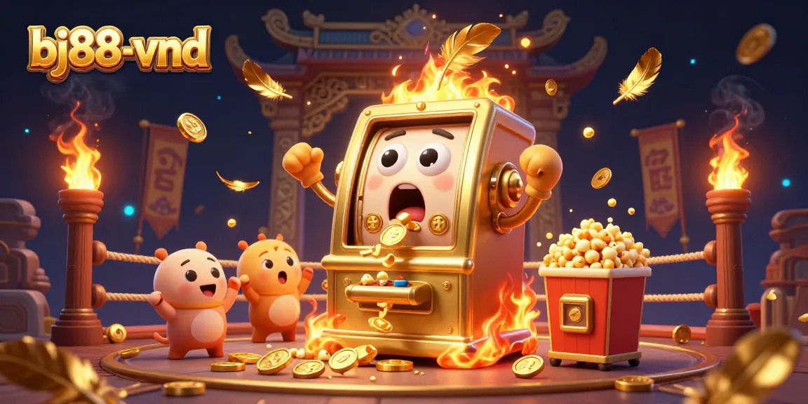 A golden slot machine celebrates a jackpot at bj88-vnd, surrounded by cheering machines and festive decorations.