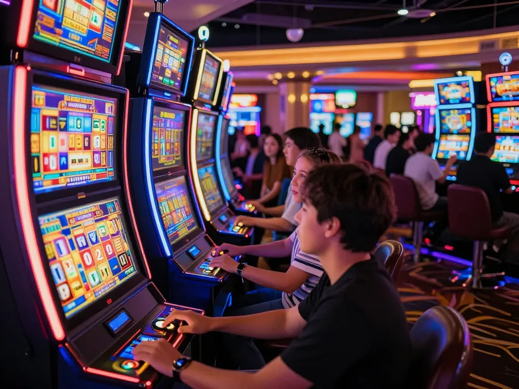 Players experience thrilling spins at a situs slot area in an exciting casino setting.