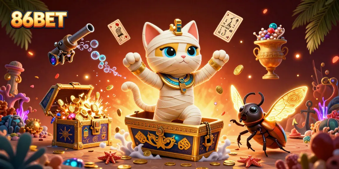 Engage with thrilling moments at 86BET, where an Egyptian mummy cat bursts forth in a vibrant casino scene.
