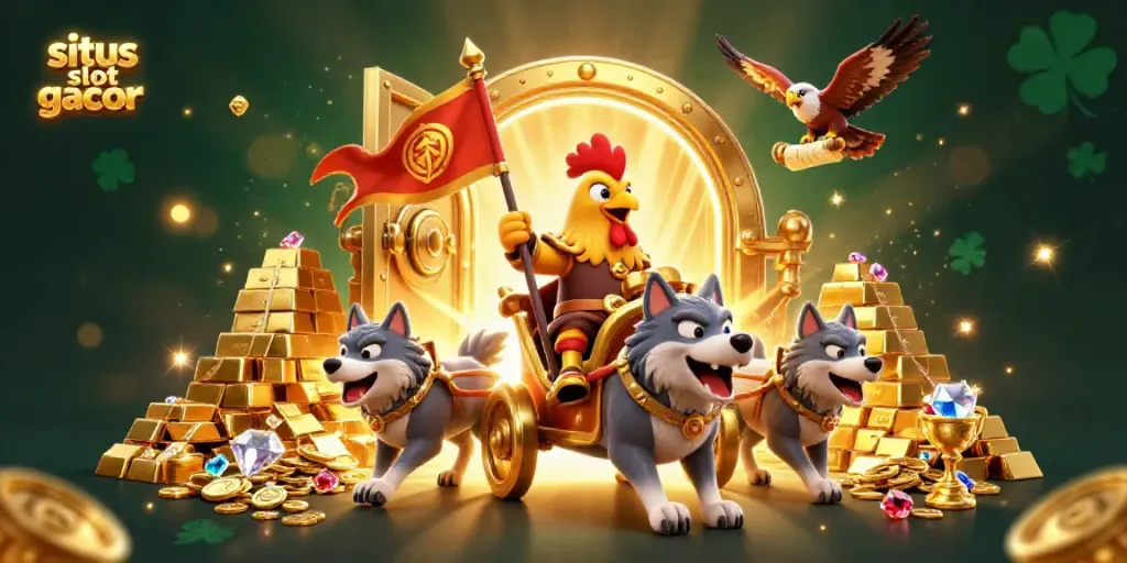 Engage in situs slot gacor with a vivid scene featuring a golden war chariot and treasure.
