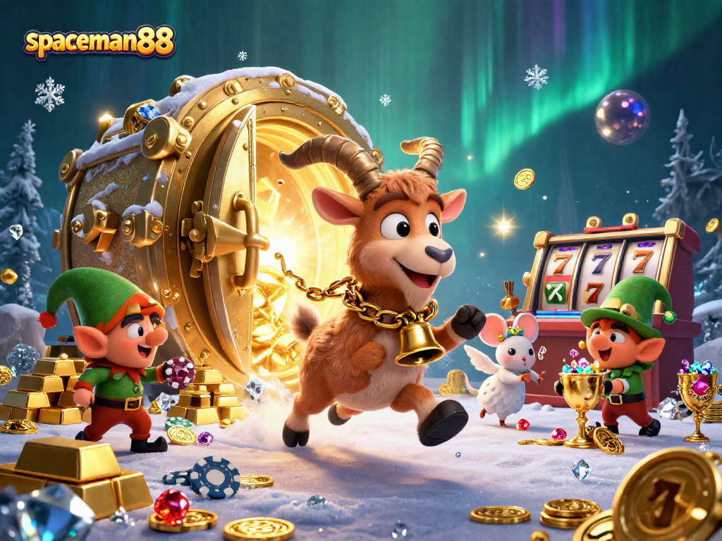 Engage with spaceman88 in a dynamic holiday casino scene featuring characters amidst vibrant slot gaming elements.