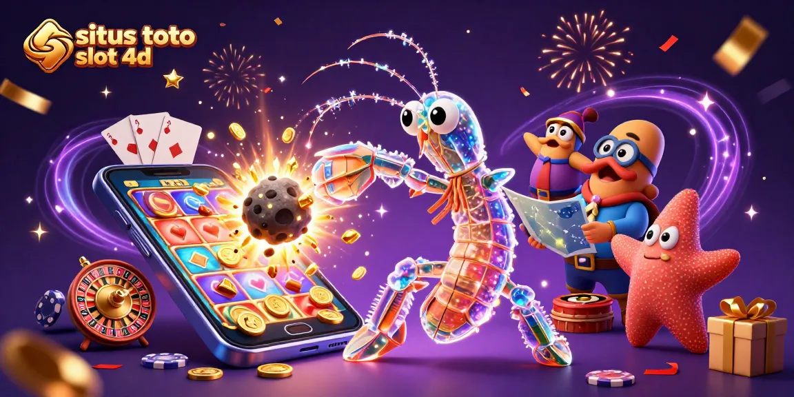 Sparkling scene showcasing situs toto slot 4d, featuring a mantis shrimp and starfish amidst 3D slot games and golden treasures.