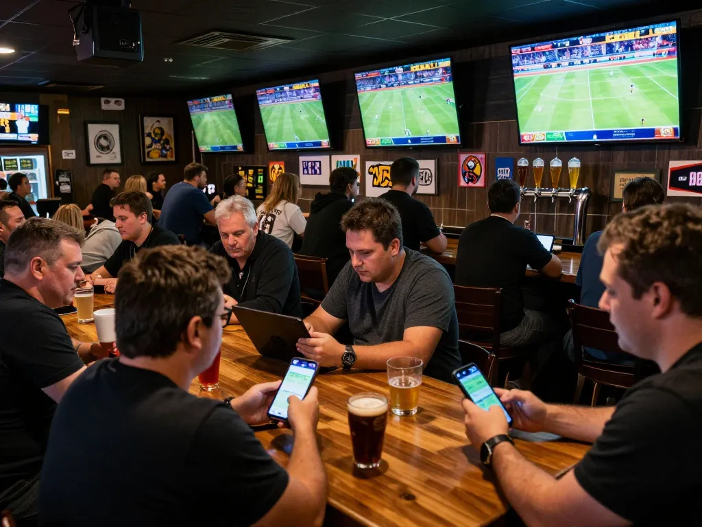 Engaged sports bettors at soc88 placing wagers on multiple screens in a lively sports bar.