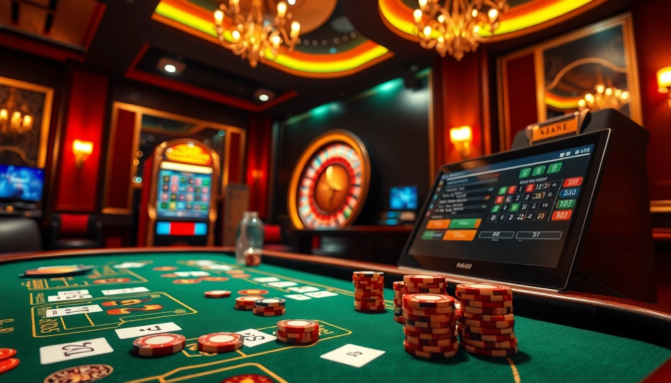 Experience mu88 đăng nhập at an elegant casino featuring vibrant tables and online gaming interfaces.