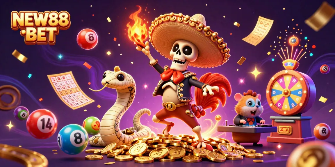 Experience the thrill of winning as NEW88 BET showcases vibrant characters dancing in a wealth of casino games.