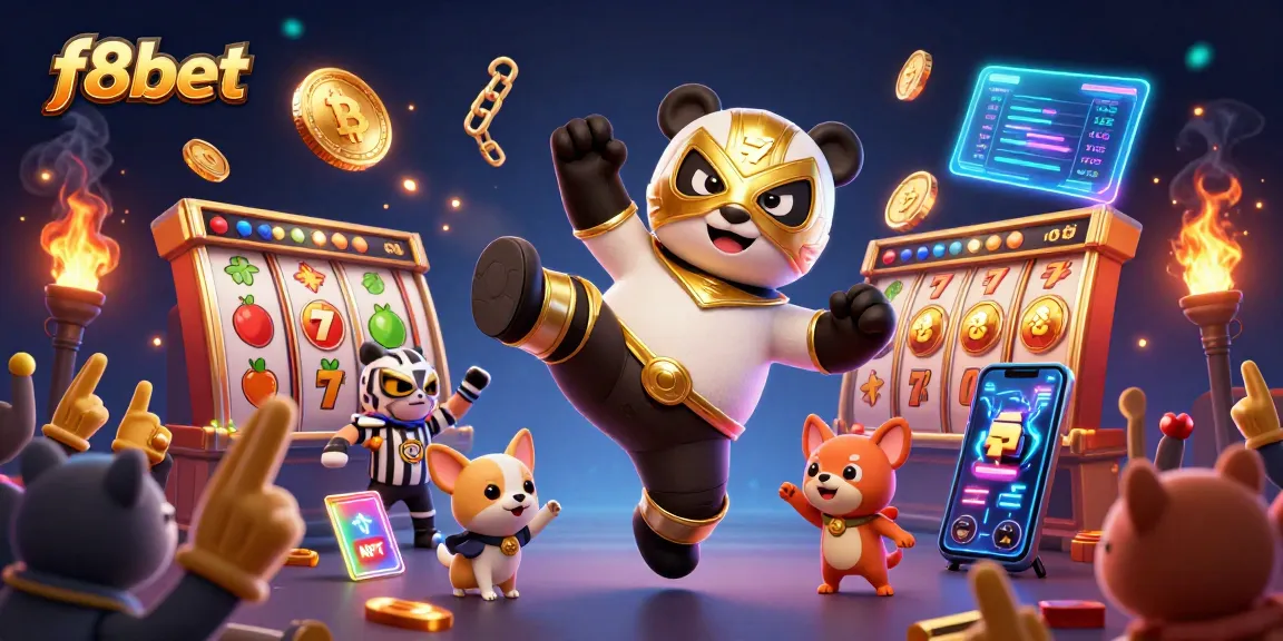 Experience the excitement of f8bet with a dynamic 3D scene showcasing a panda wrestler and casino elements.