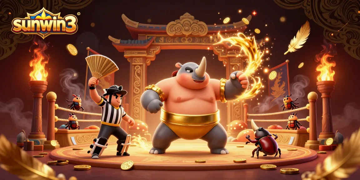 Join the excitement at sunwin3 with a powerful beetle champion stomping coins in a vibrant casino scene.