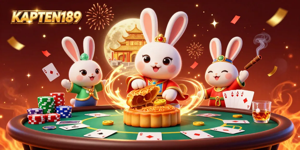 KAPTEN189 menampilkan ilustrasi kasino 3D dengan kelinci bulan mengolah kue bulan emas, dikelilingi chip poker