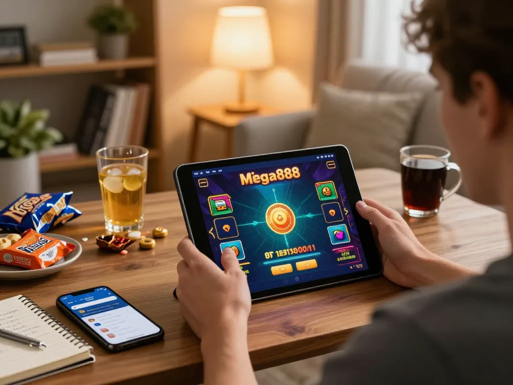 Engaging in Mega888 gaming with free credit in a cozy home setup.