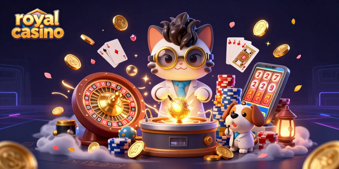 Experience the excitement of royal casino with cartoon characters amidst cascading coins and vibrant game elements.