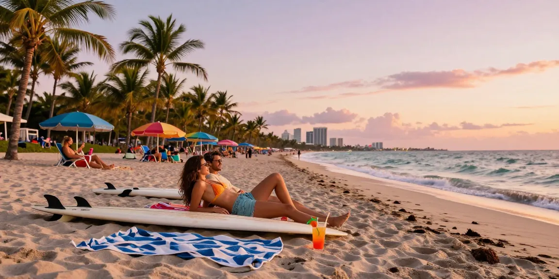 Suasana pantai Miami di https://miami4d.com/ saat matahari terbenam, pasangan bersantai dengan minuman tropis di tepi laut.