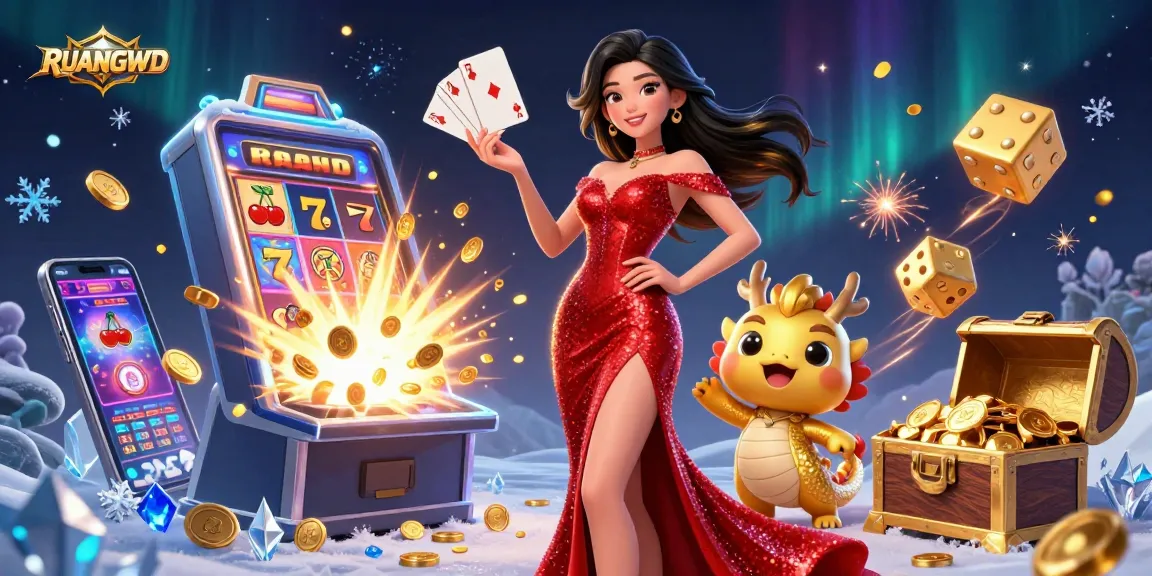 Experience winning with RUANGWD's vibrant gaming atmosphere, showcasing rich 3D casino elements and a welcoming character.