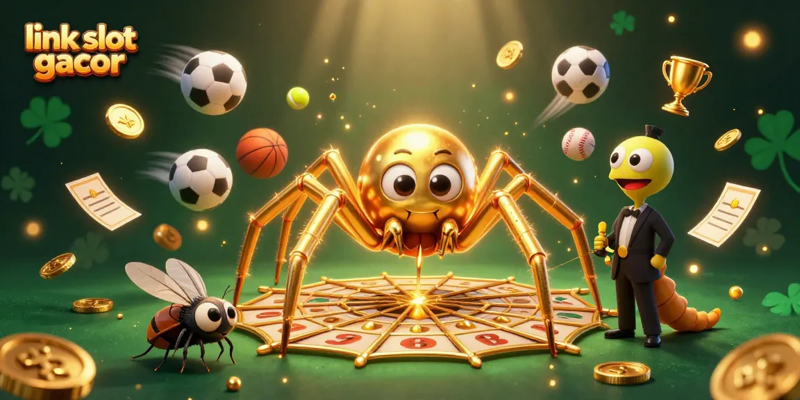 Engage with link slot gacor in a vibrant casino scene featuring a golden spider and animated characters.