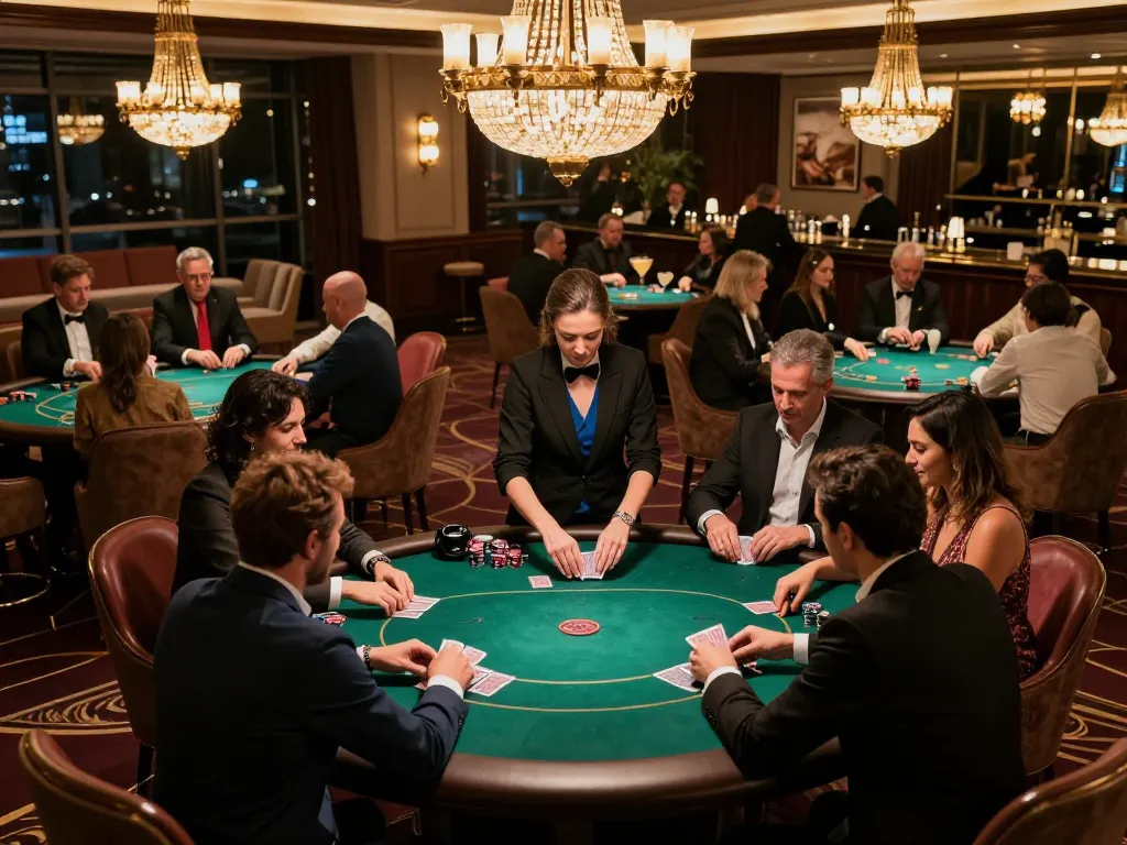 Experience high-stakes poker action at five88 in a luxurious casino lounge with elegant decor.