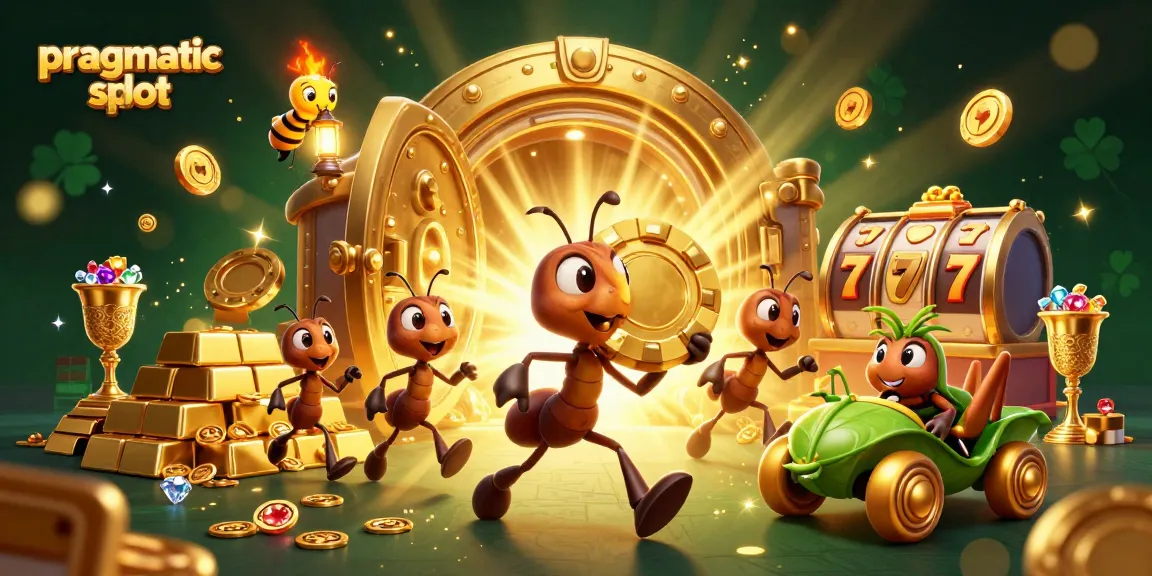 Engage with the thrilling pragmatic slot experience featuring animated 3D ants carrying a giant poker chip.