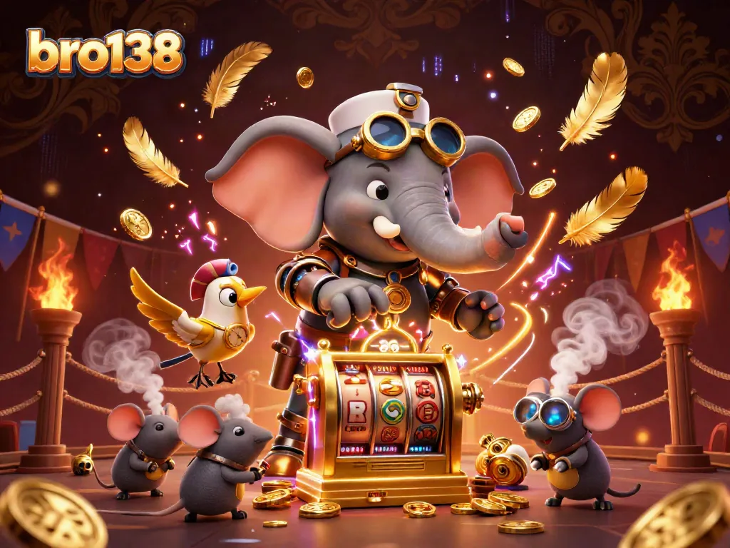 Spin winning reels at bro138 with a steampunk elephant operating a golden slot machine in an energetic casino scene.