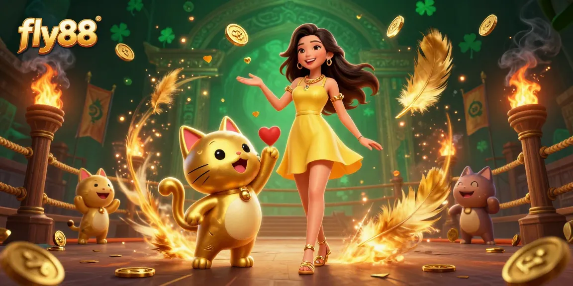 Experience thrilling wins at fly88 with a joyful woman and lucky cat amid vibrant gaming elements.