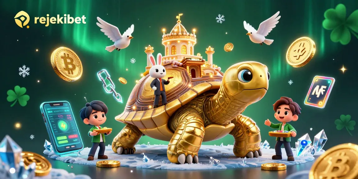 Win big with rejekibet at the vibrant casino scene featuring golden tortoise and gaming action!