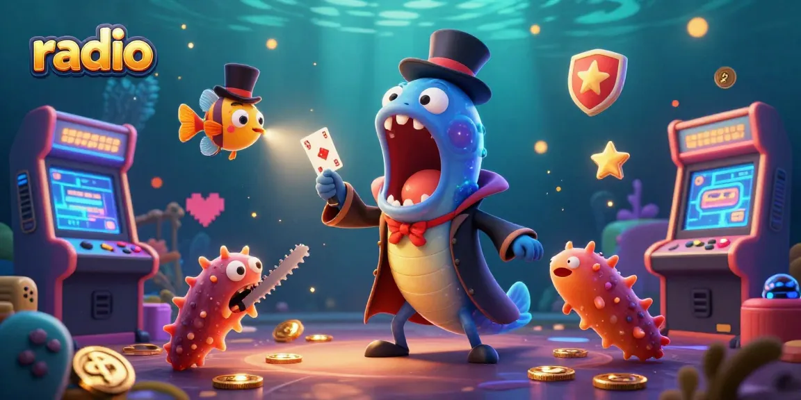 Experience the thrills of online gaming at WIN79 Radio with vibrant card tricks and animated characters.