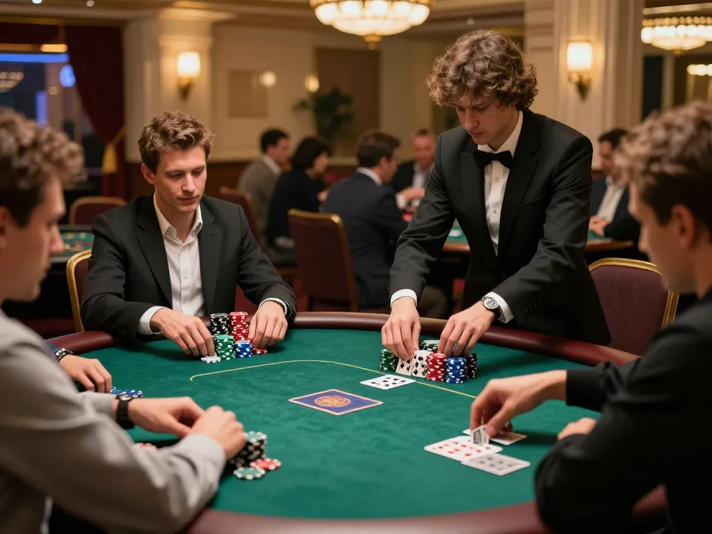 Players engaging in an intense poker game at go8s casino with vibrant chips and focused expressions.