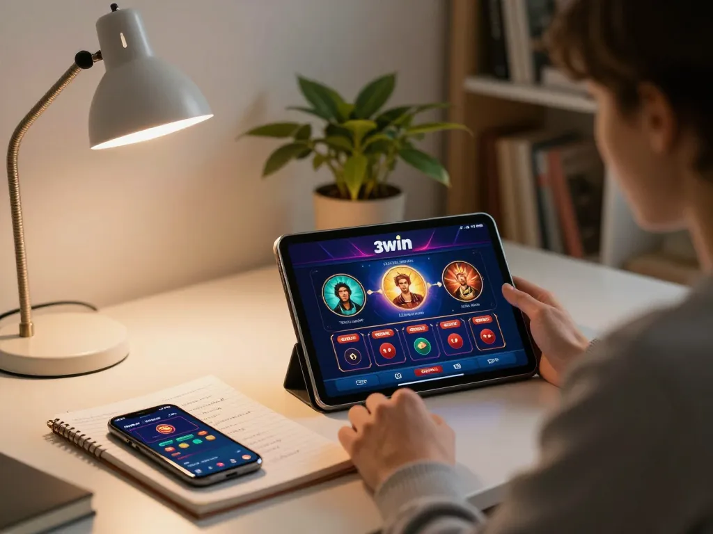 Engaging player strategizing on 3win online casino using tablet and notebook.