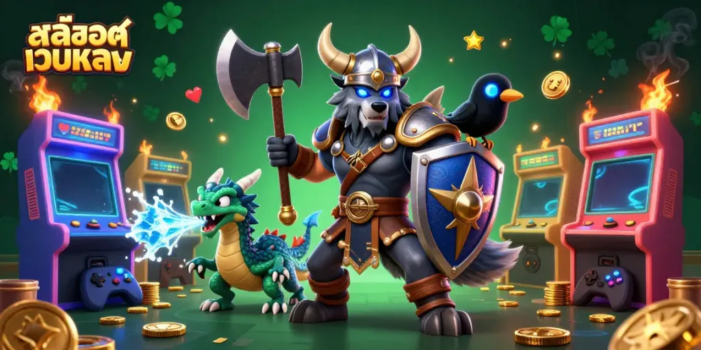 Engage with สล็อตเว็บตรง in this vibrant 3D casino scene featuring unique characters and game elements.