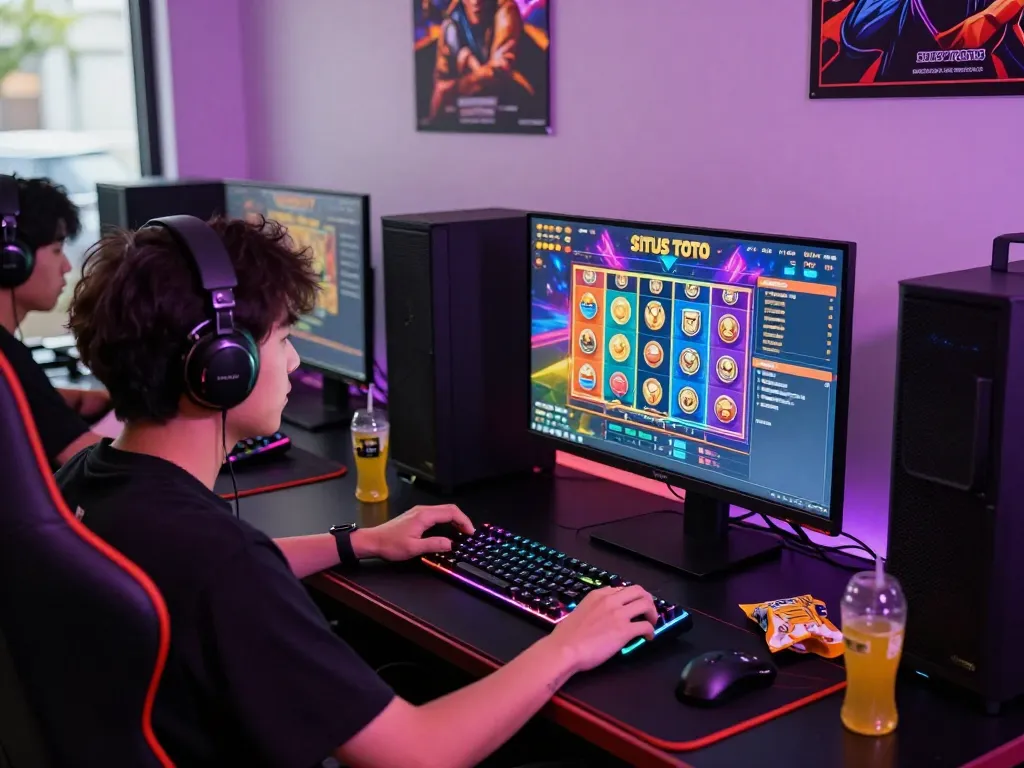 Engaged gamer playing situs toto games on a colorful gaming setup.