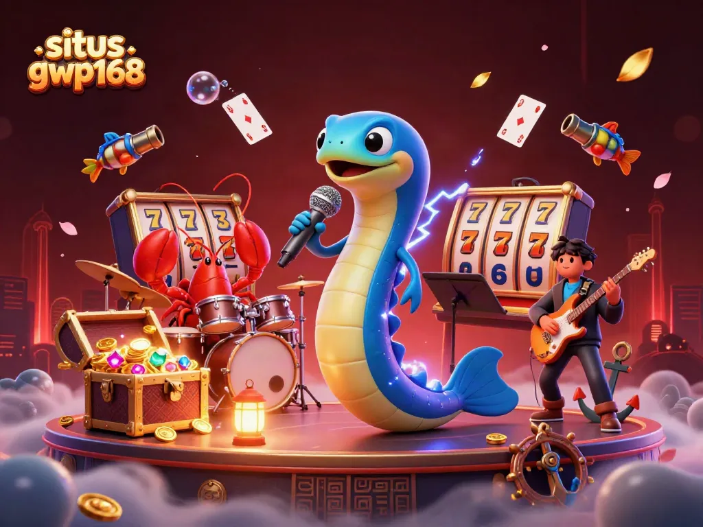 Gambar situs gwp168 dengan electric eel DJ tampil di panggung kasino bawah laut yang meriah