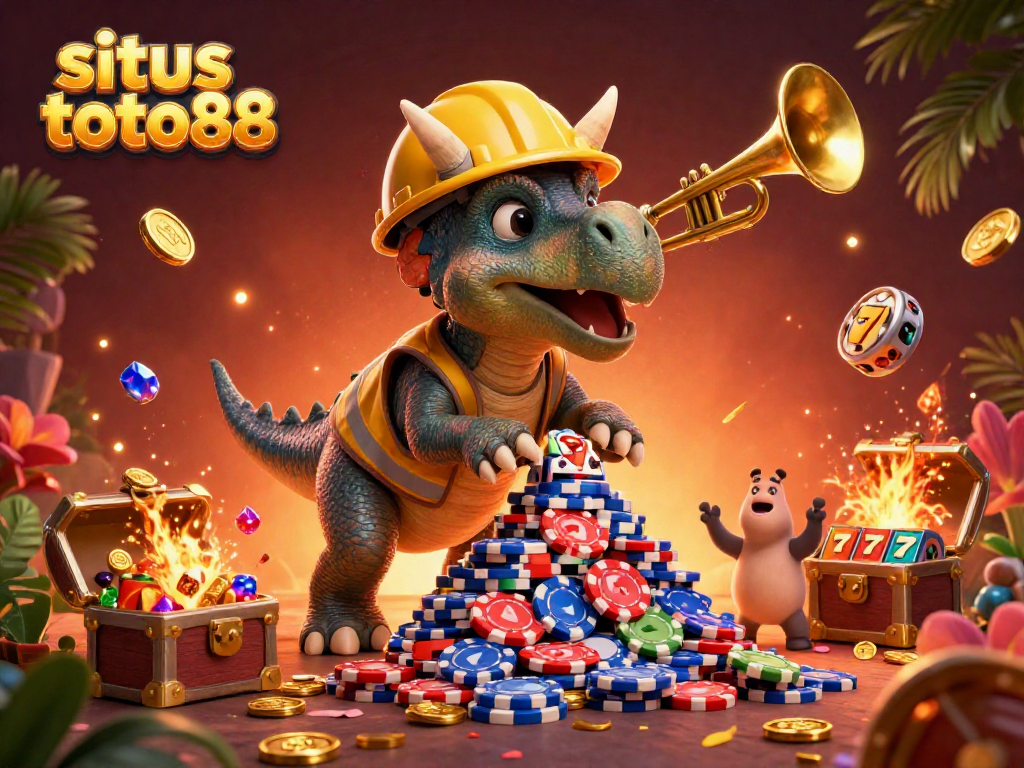 Play exciting slots at situs toto88 with a vibrant 3D casino illustration showcasing characters and dynamic gambling elements.