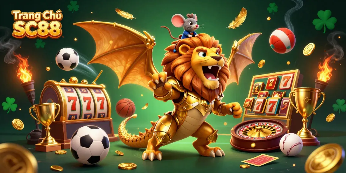 Engage with the dynamic world of Trang Chủ SC88 featuring a roaring chimera and gaming elements.