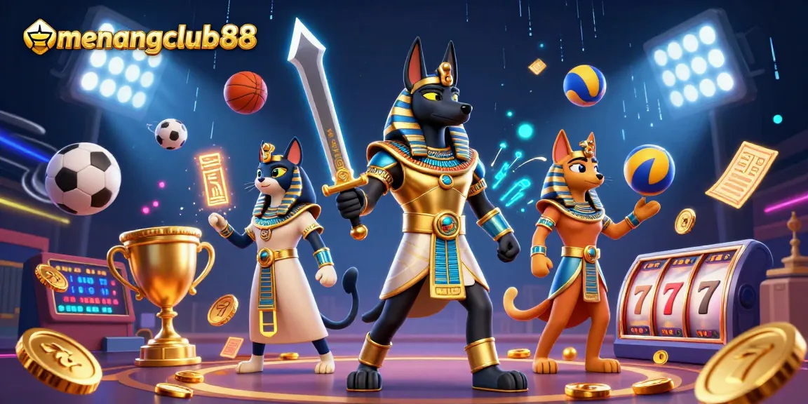 Experience vibrant energy at menangclub88, with an Anubis warrior and Bastet amidst sports betting action.