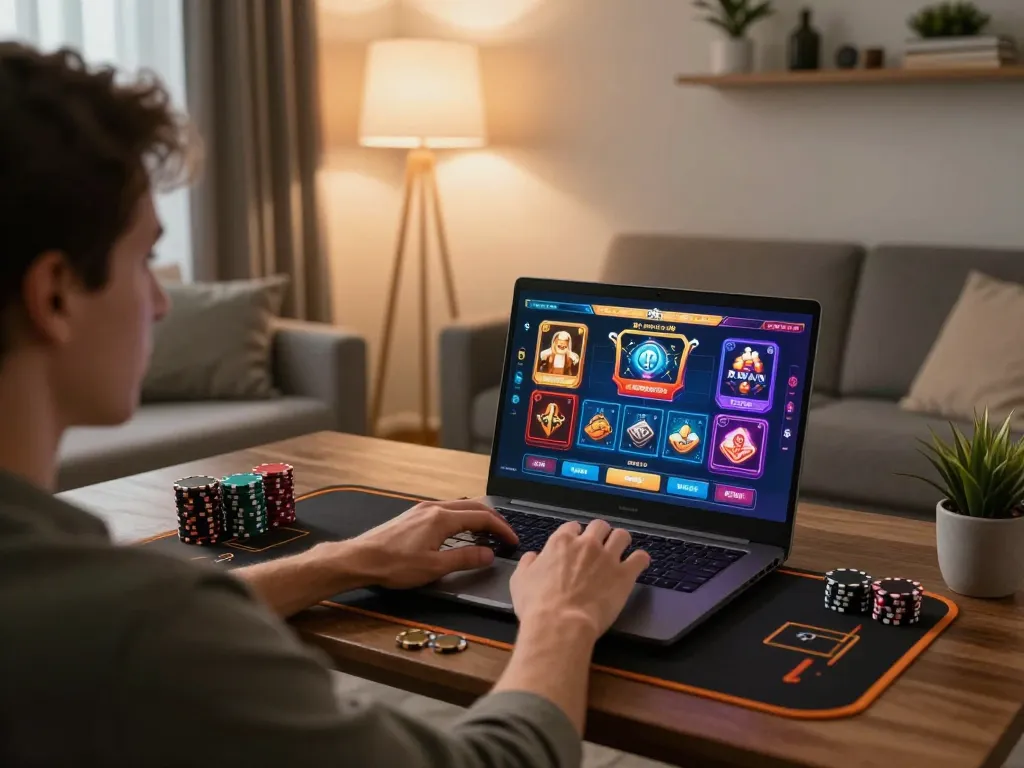 Person engaging with online gambling on their laptop while placing bets at sun win.