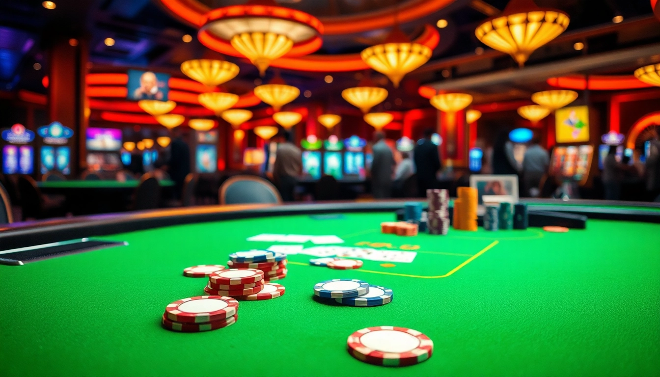 Slot deposit 5000 pada meja permainan kasino yang ramai dan berwarna-warni.