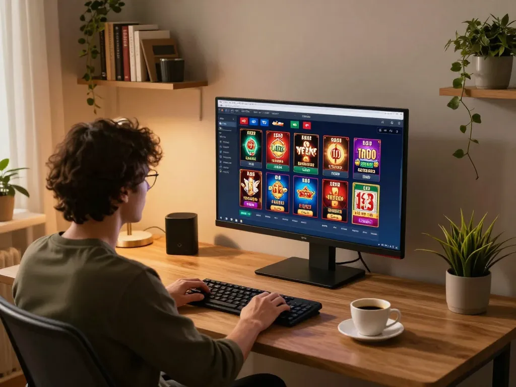 Engaging in online gaming activities with an interface featuring tr88 casino games in a cozy home office setting.