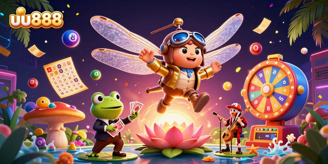 uu888 offers thrilling games with a colorful lottery theme and dynamic characters in a vibrant scene.