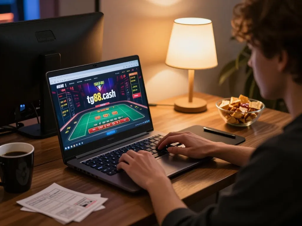 Engaging in online gaming at tg88.cash with a laptop and live dealer, warm ambiance.