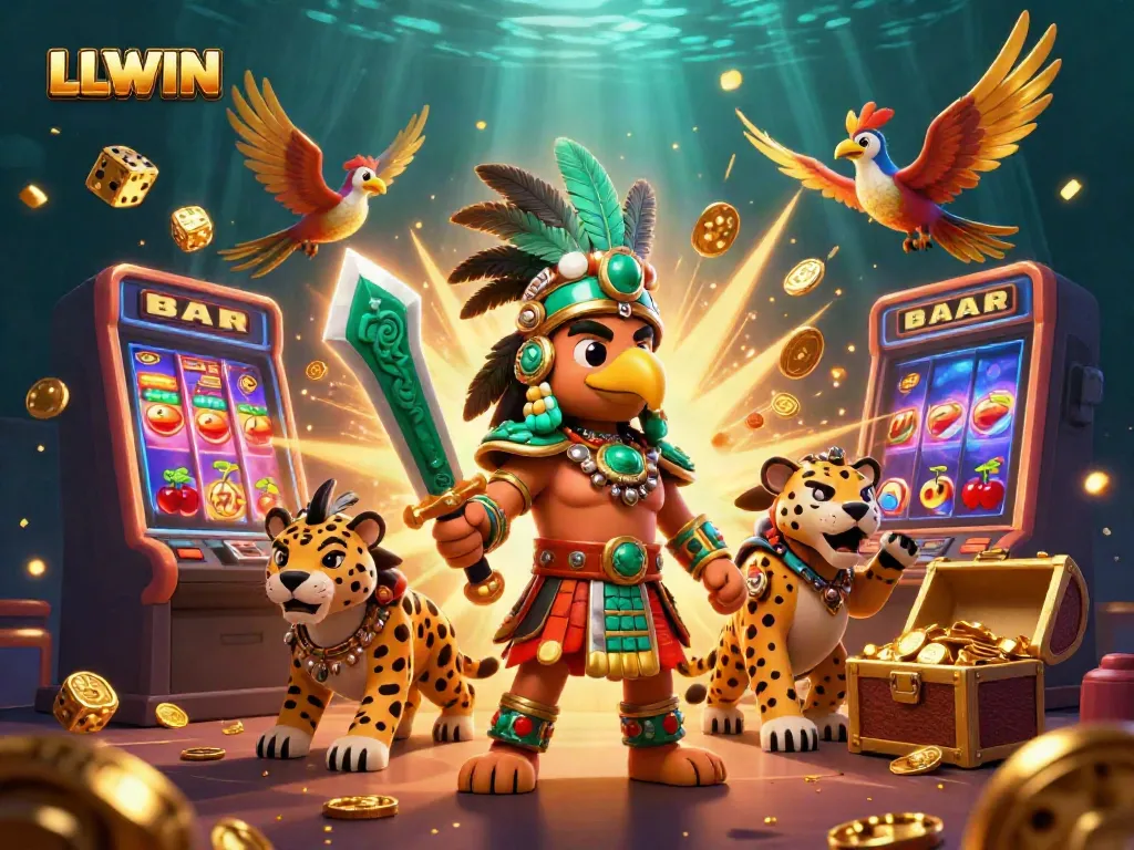 Experience thrilling gaming with LLWIN's dynamic casino scene featuring an Aztec warrior and vibrant slot machine.
