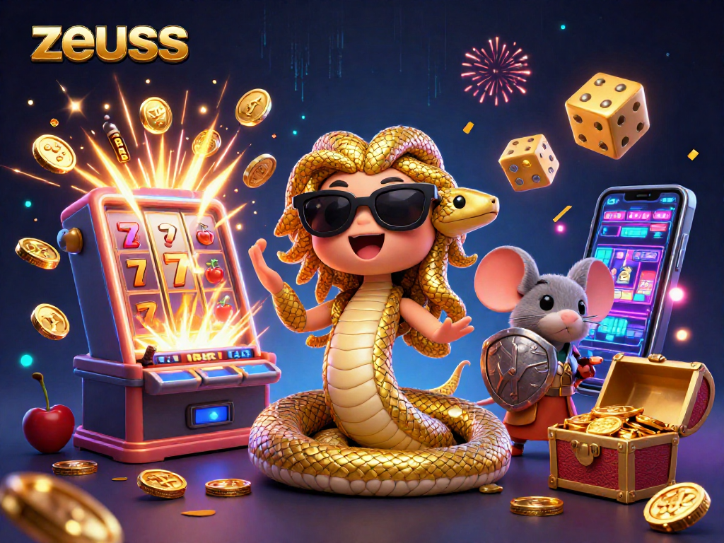 Experience the thrilling Zeus slot game with playful characters in a vibrant casino ambiance.