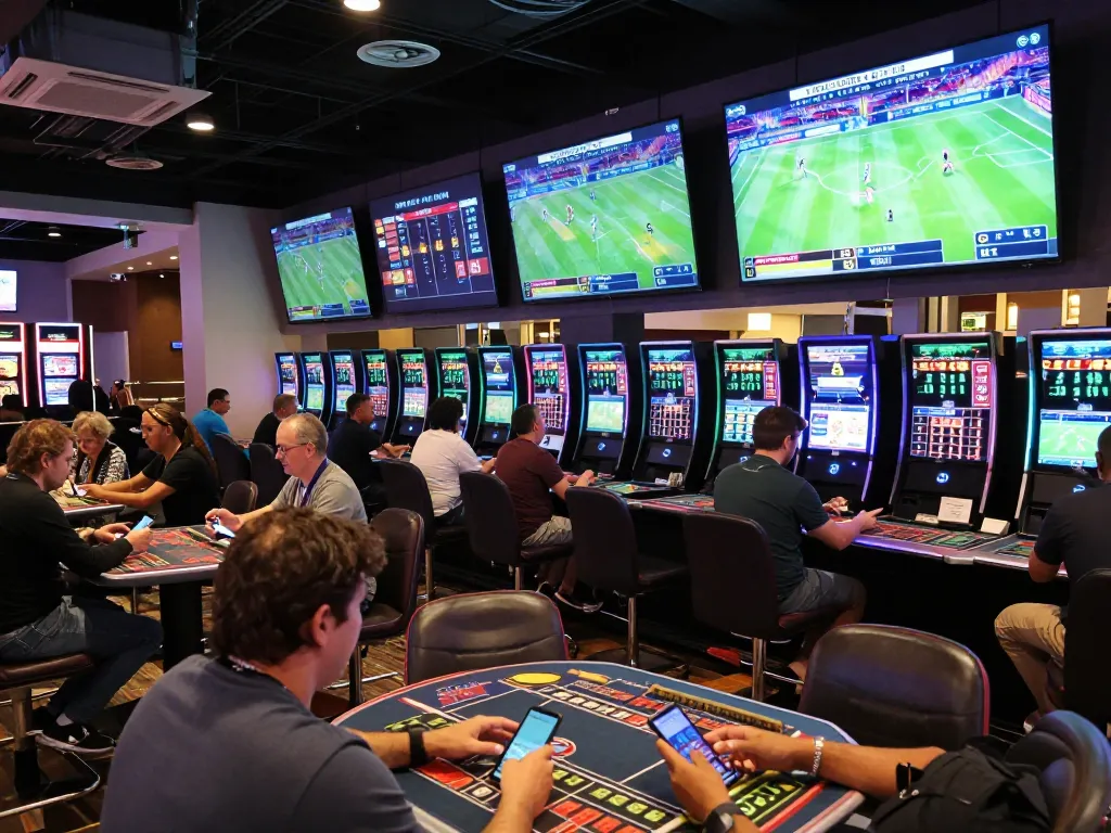 Experience the excitement of tỷ lệ cá cược in a vibrant sports betting area with live matches and engaged patrons.