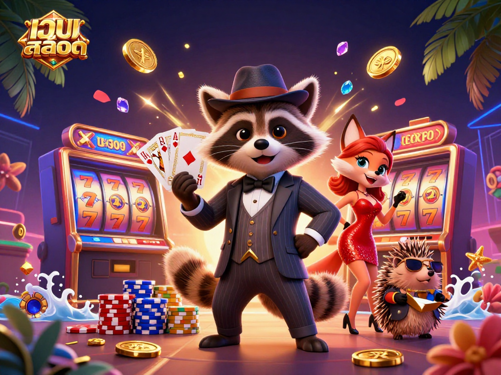 Engage in เว็บสล็อต excitement with a suave raccoon, fashionable fox, and stylish hedgehog in a lively casino scene.