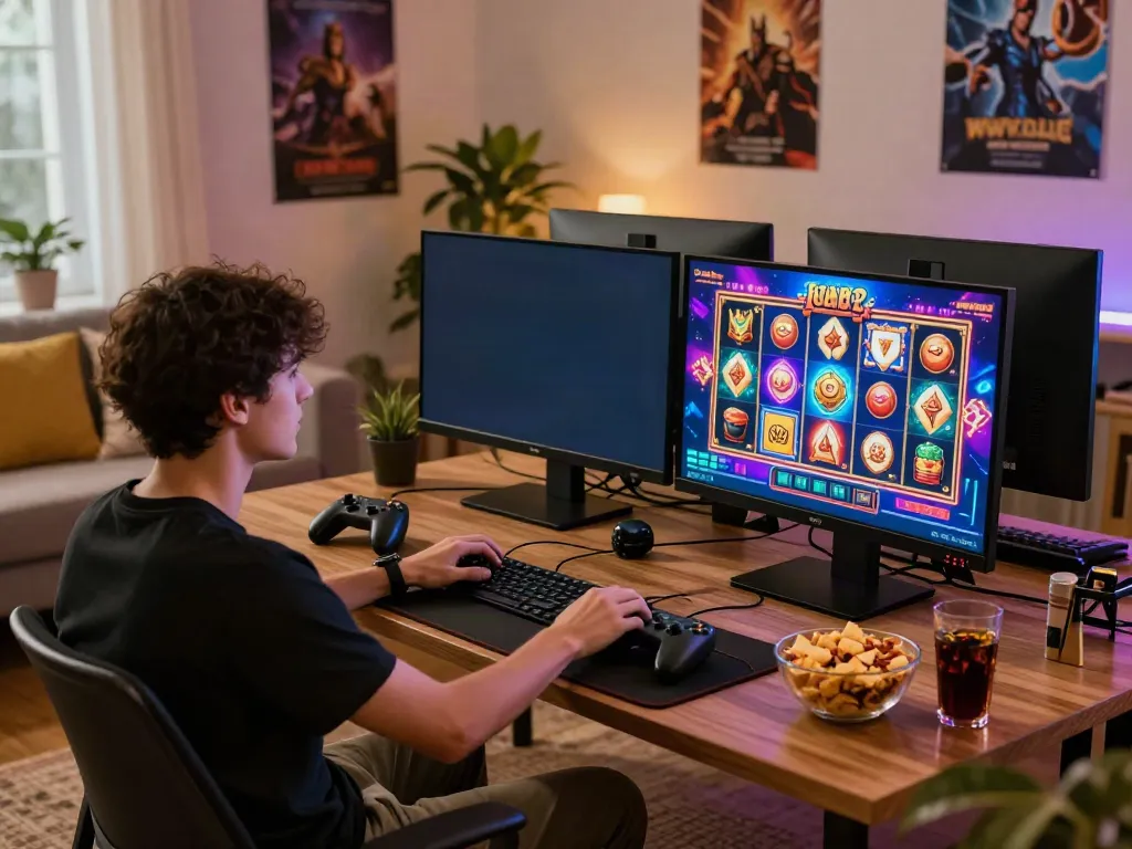 A young gamer enjoying akunjp online slots in a cozy living room.