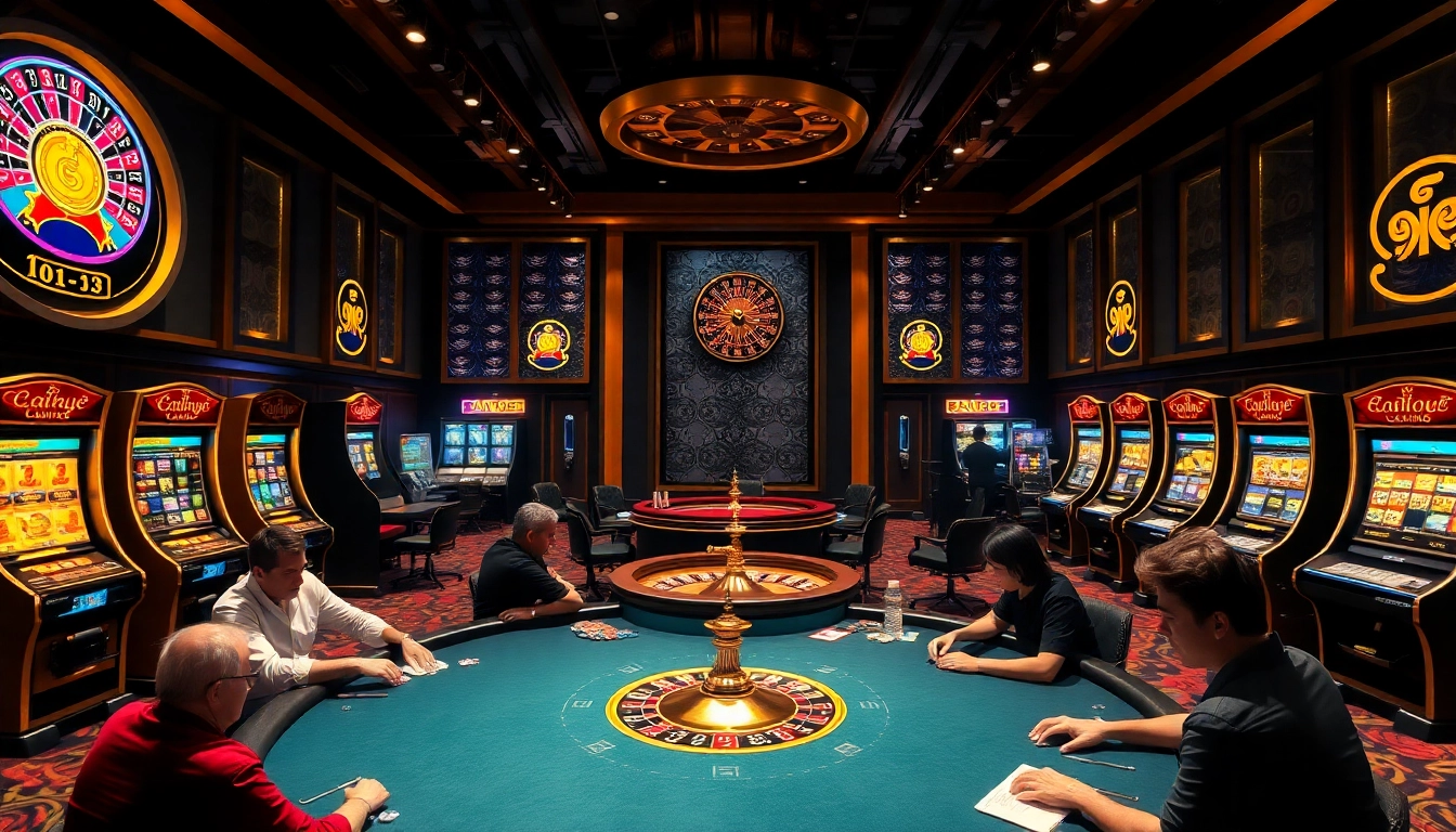 Engage in the thrilling world of gilajp at a luxurious casino filled with vibrant slot machines and a poker showdown.